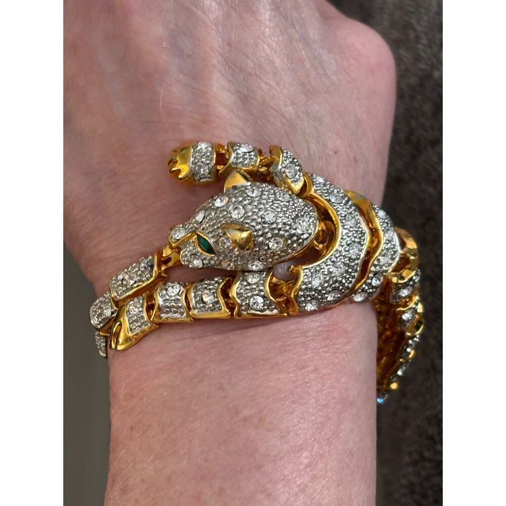 Vtg Articulated Pavé Rhinestone Panther Leopard Bracelet Gold Tone - Picture 2 of 8